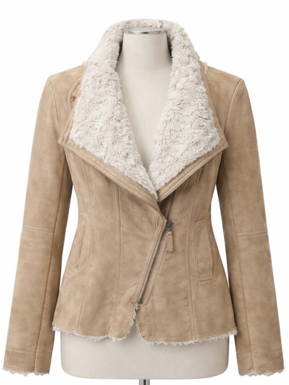 Rachel Moto Faux Suede Jacket high pile lining Beige Coat Women M Outdoor Jacket